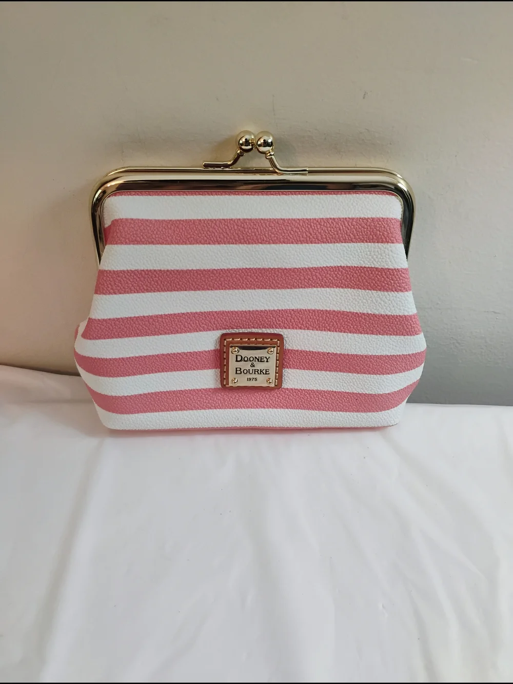 Dooney & Bourke Pink & White Striped Kiss-Lock Clutch - Picture 1 of 4